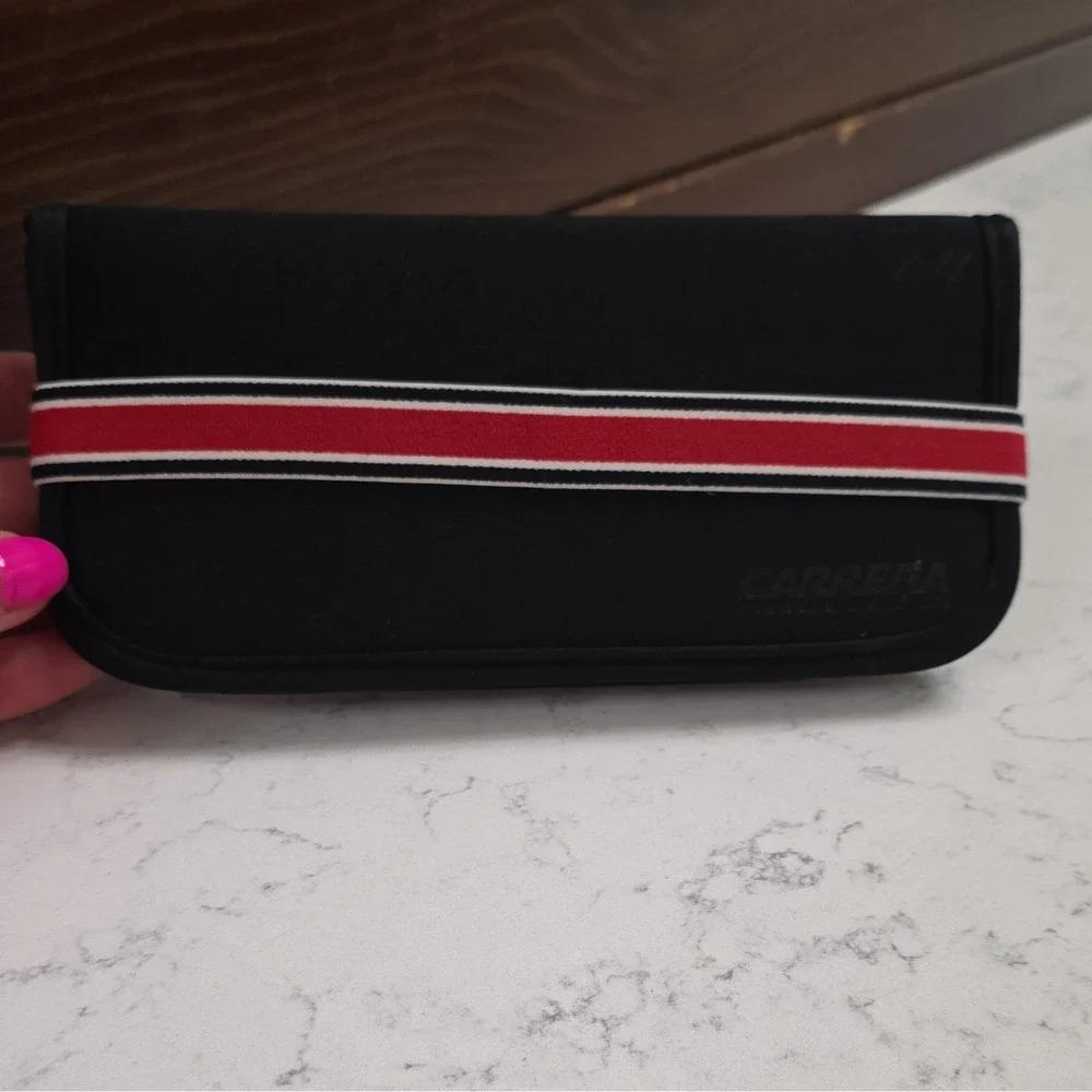 Carrera Black Soft Foldable Eyeglass Case Inner Compartment Red/White Stripe